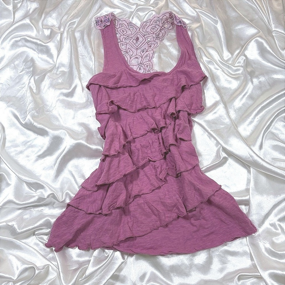 y2k Tank Top Purple Excellent Eyelash Couture Ruffle Lace Racerback IJ8893EQDE